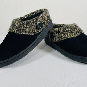 Clarks Cushioned Slippers Womens 7 M Black Suede Knit Top Fur Lined Clog Slip On